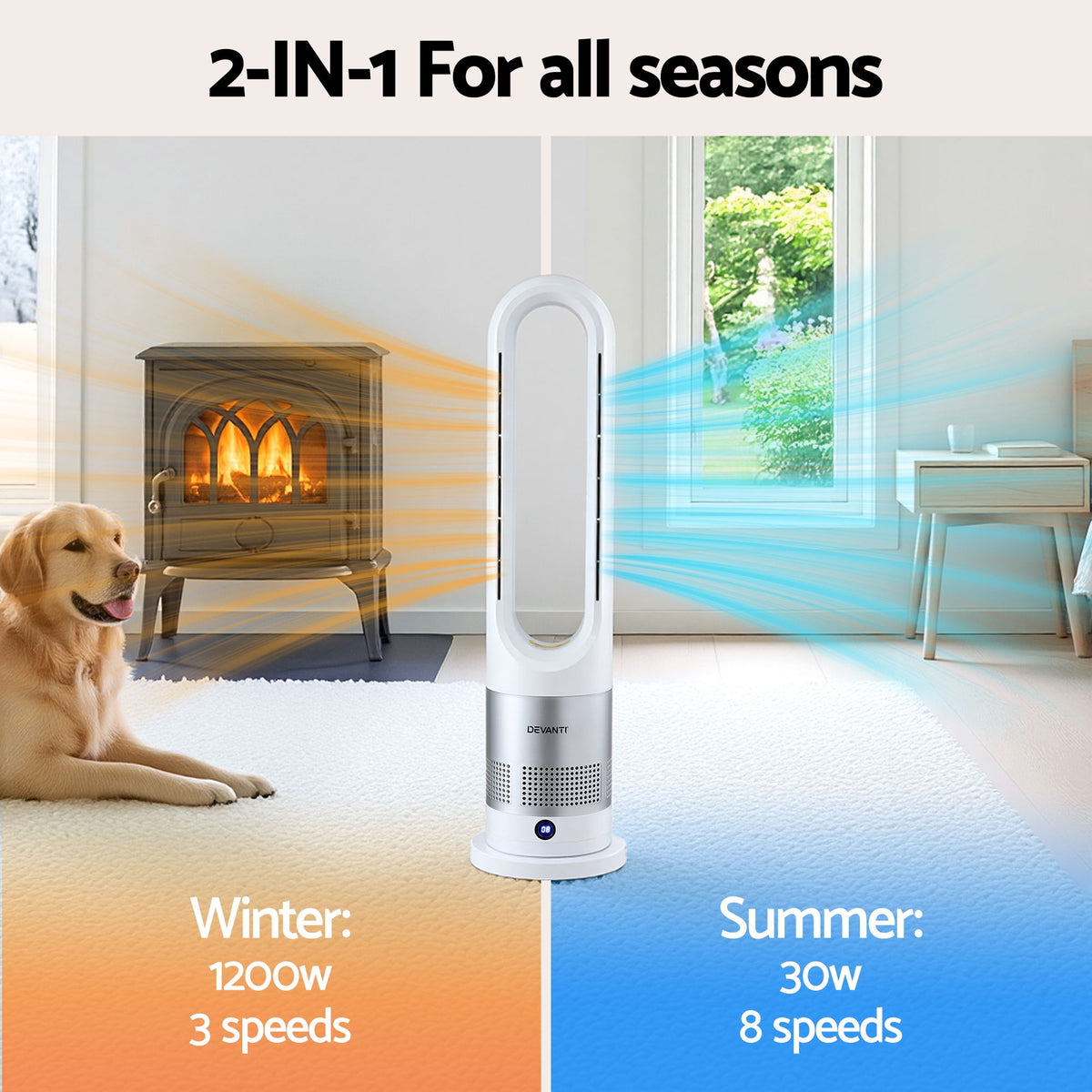 Bladeless Tower Fan Heater | 2-in-1 Cooling & Heating | Oscillating | White