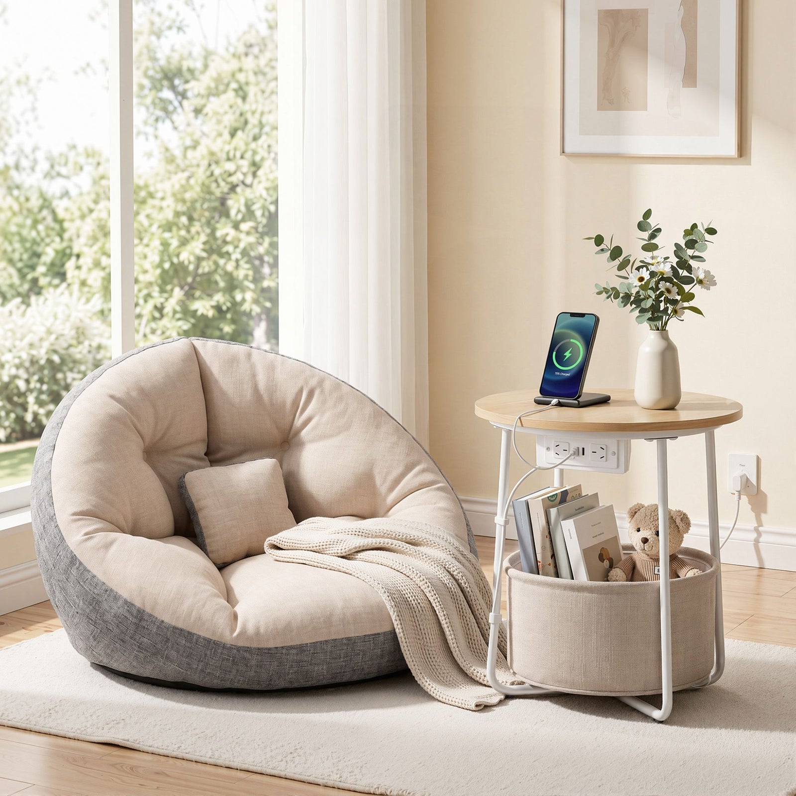 Floor Lounge & Coffee Table Set | Side Table with Charging Station
