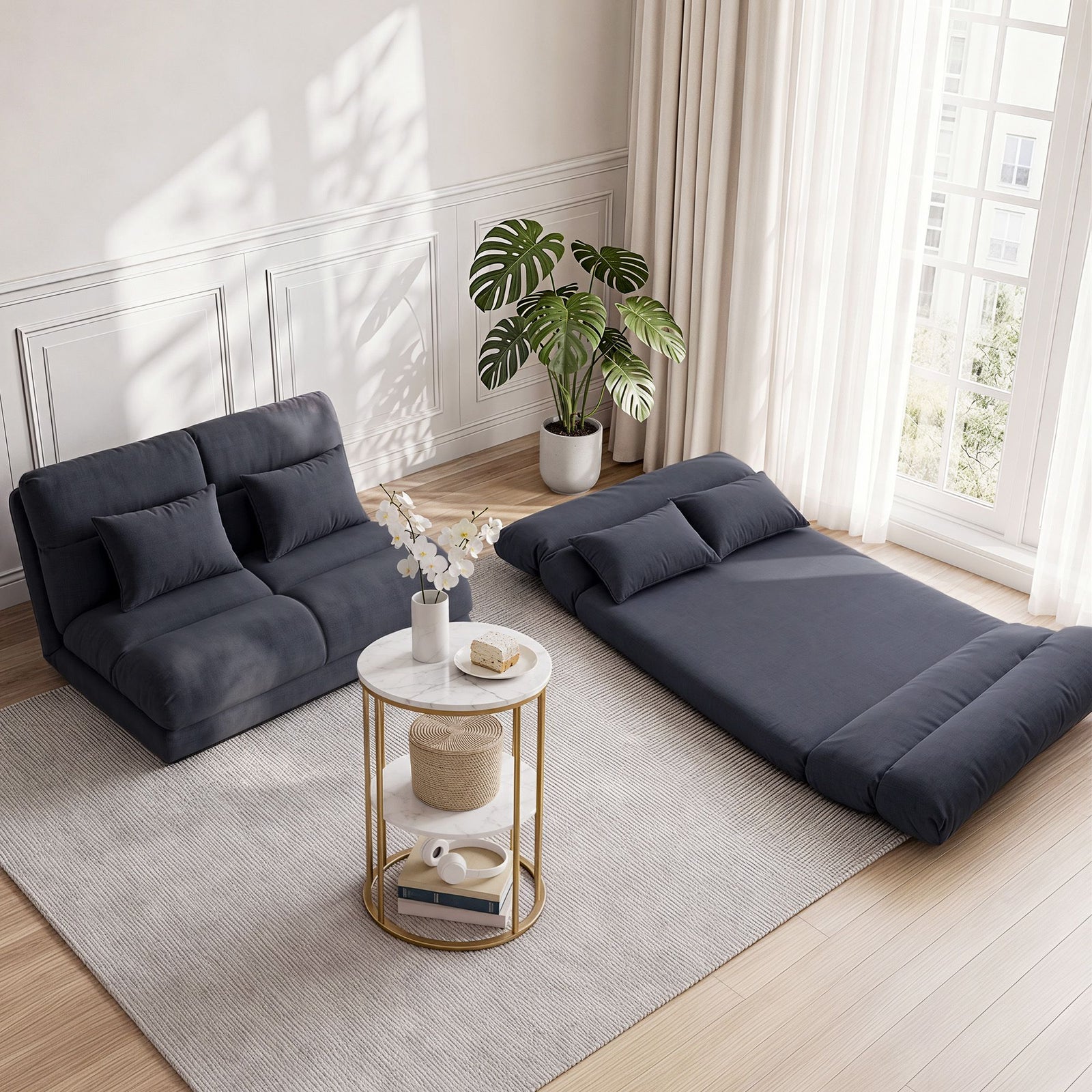 Floor Sofa Bed Set | Marble Look 2-Tier Coffee Table Included