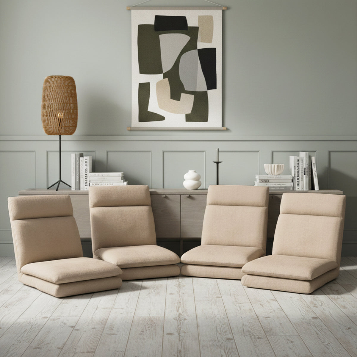 Foldable Floor Sofa Chairs Set 4pc | Linen Fabric | Beige