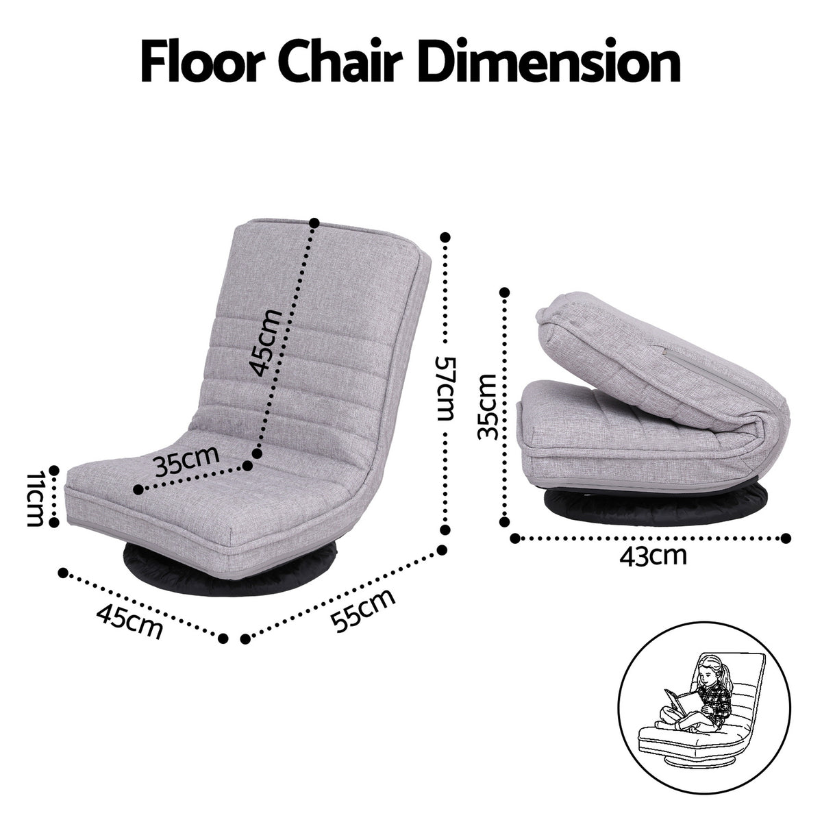 Swivel Floor Chair | 360° Adjustable | Foldable Lounge Seat | Grey