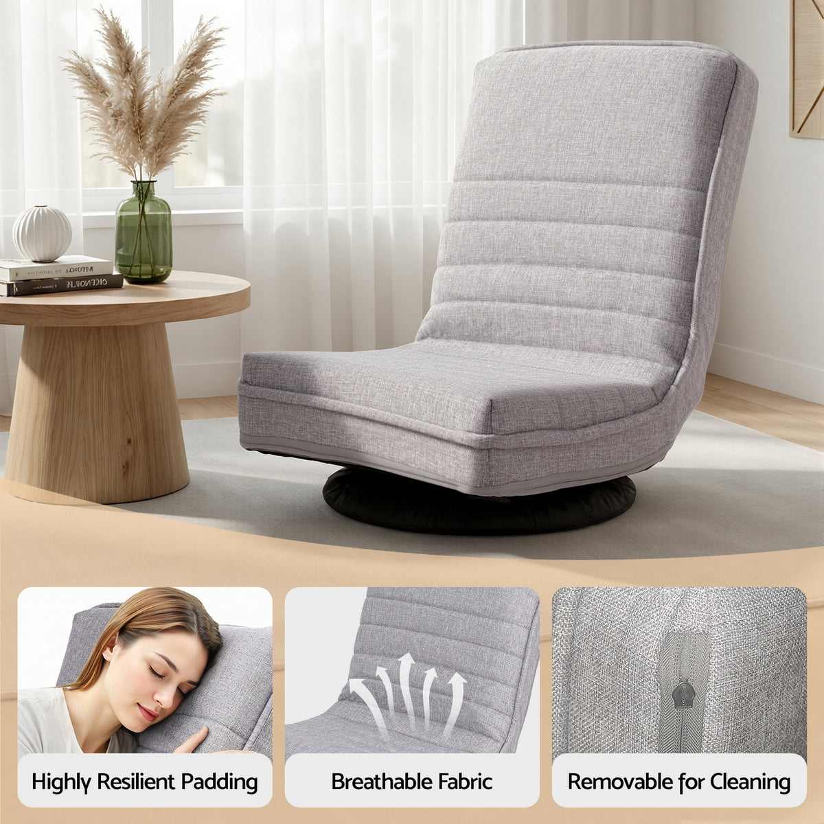 Swivel Floor Chair | 360° Adjustable | Foldable Lounge Seat | Grey