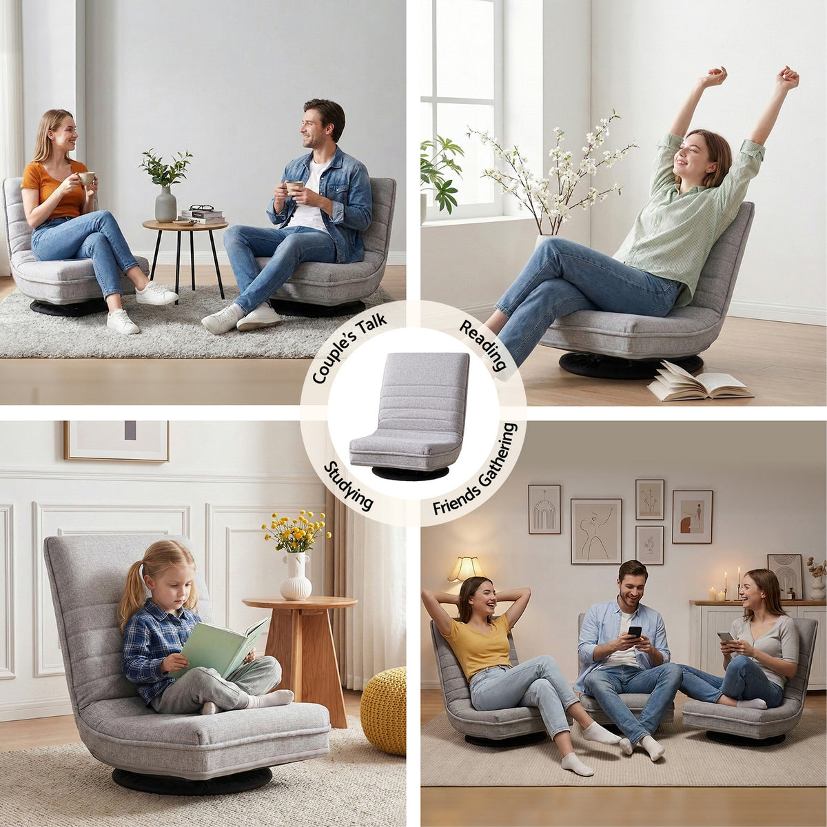 Swivel Floor Chair | 360° Adjustable | Foldable Lounge Seat | Grey