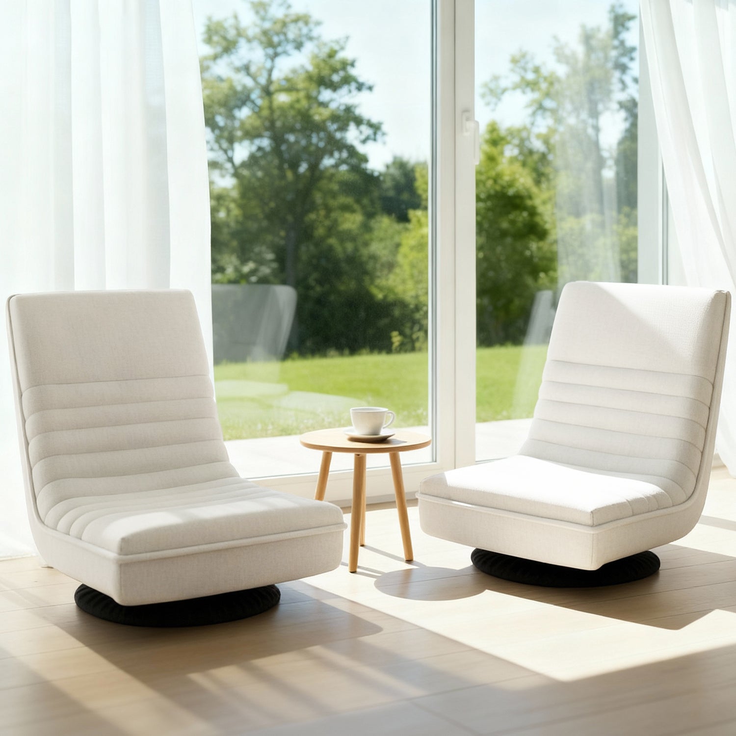 Floor Chairs Set 2pc | Swivel + Foldable | Linen | White