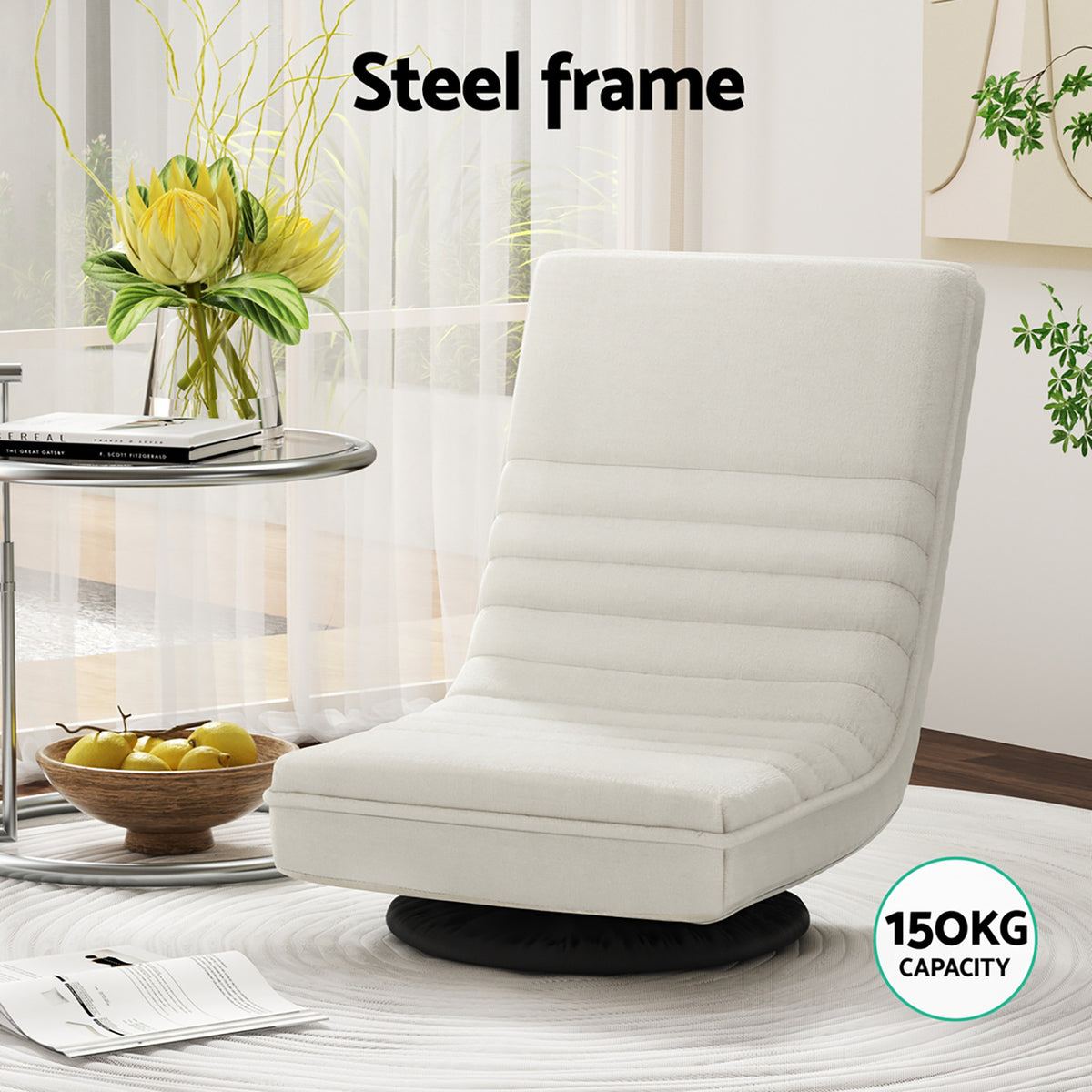 Floor Chairs Set 2pc | Swivel + Foldable | Linen | White