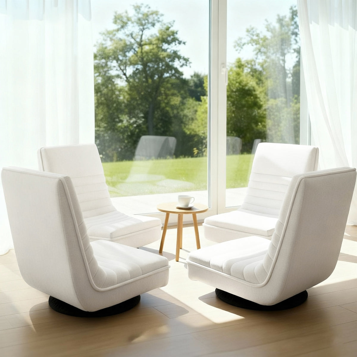 Floor Chairs Set 4pc | Swivel + Foldable | Linen Upholstery | White