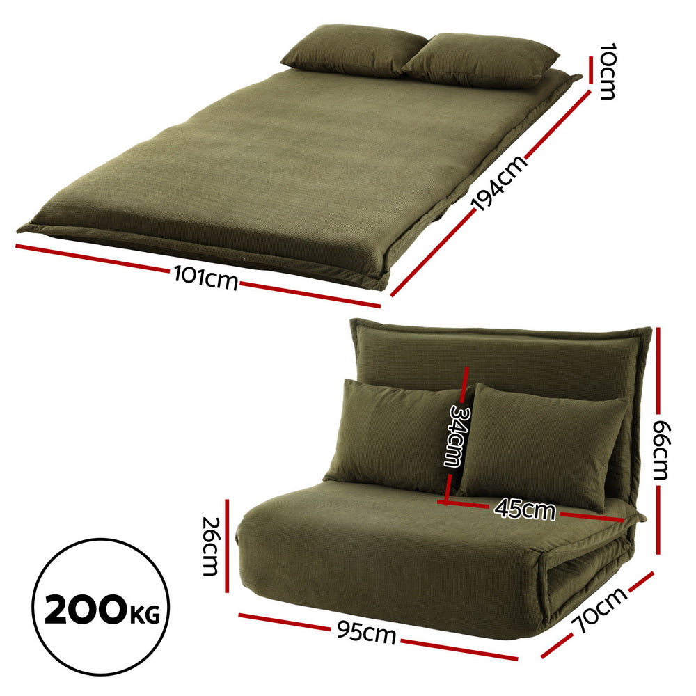Floor Lounge Sofa Bed | Foldable 2-Seater | Adjustable Recliner | Green Fabric
