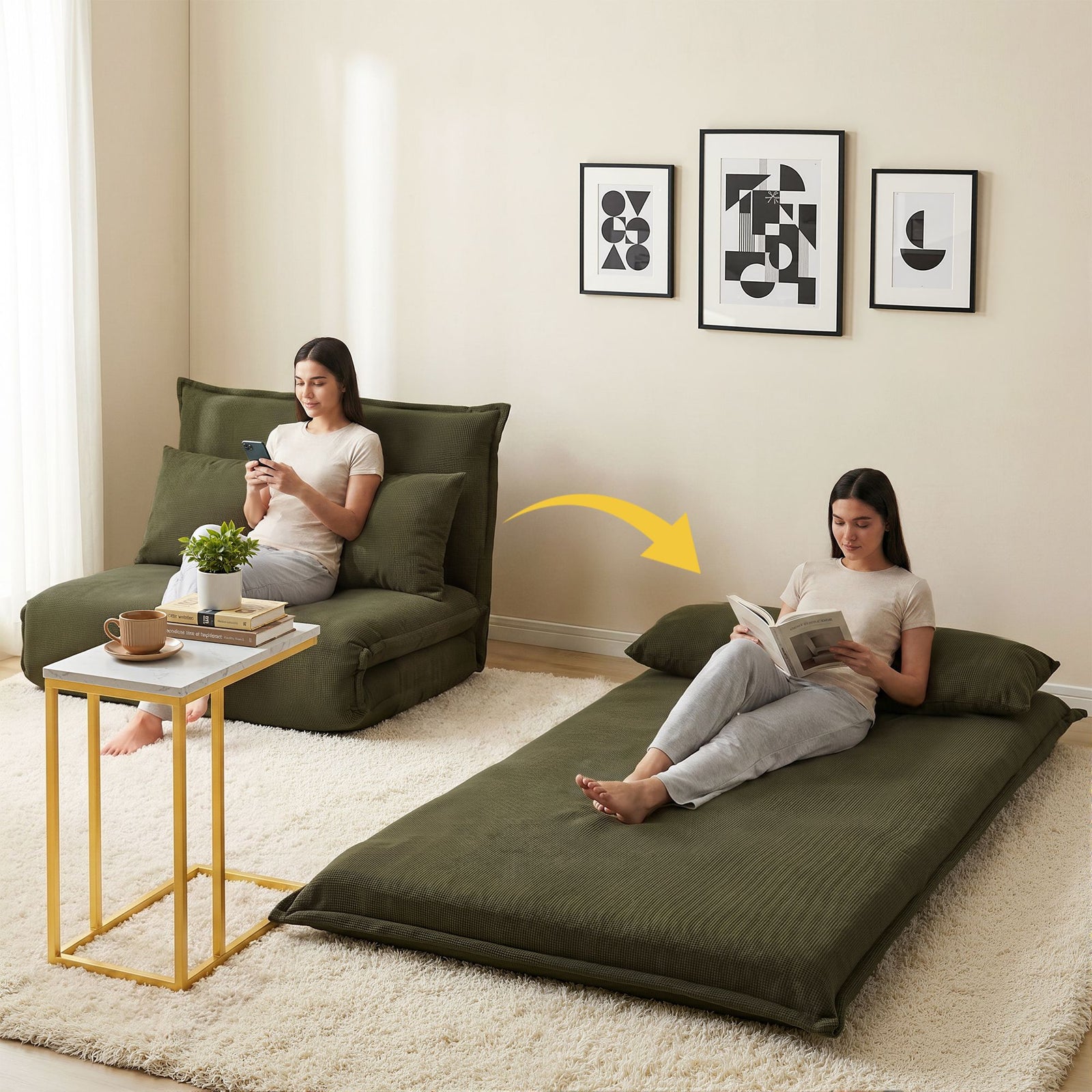 Floor Lounge & Side Table Set | Green Folding Chaise Chair & Marble Look Table