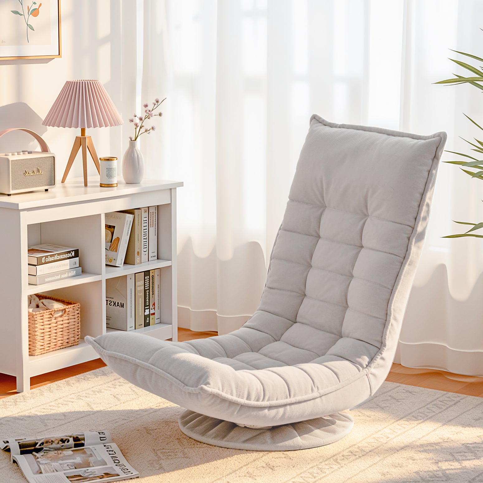 Swivel Floor Chair | 5-Position Adjustable Foldable Lounge Seat | Beige Grey