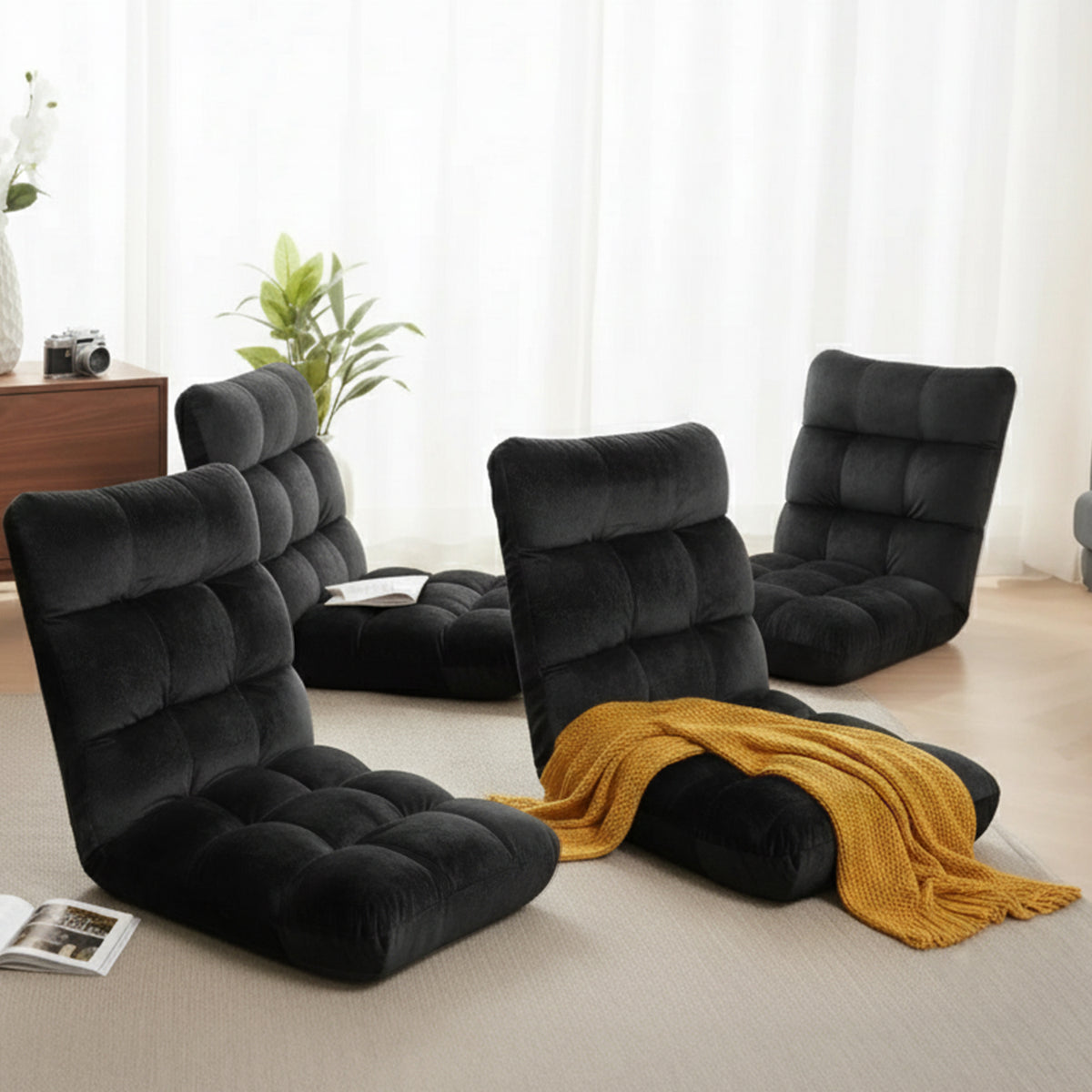 Lounge Sofa Bed Set 4pc | Flannel Fabric | Black