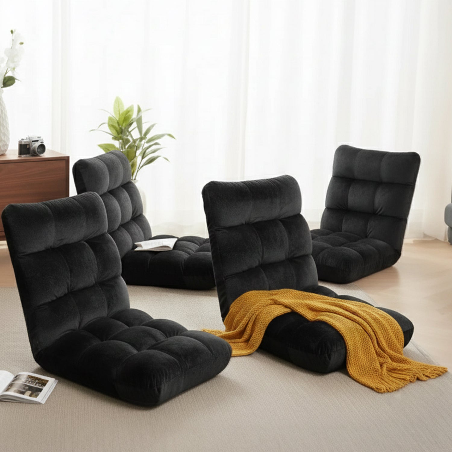 Lounge Sofa Bed Set 4pc | Flannel Fabric | Black