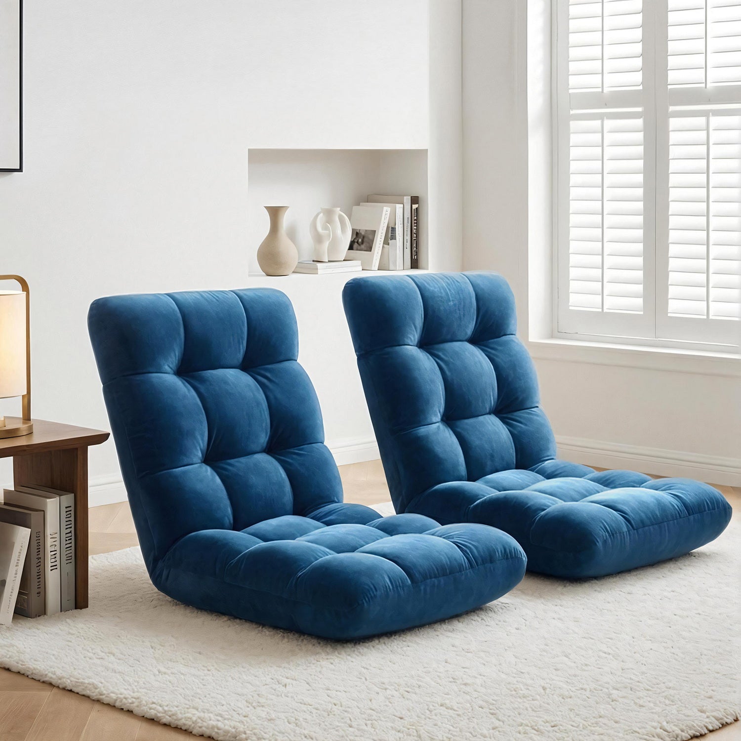 Floor Lounge Sofa Bed Set 2pc | Flannel Fabric | Navy