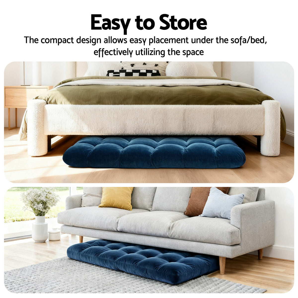 Floor Lounge Sofa Bed Set 2pc | Flannel Fabric | Navy
