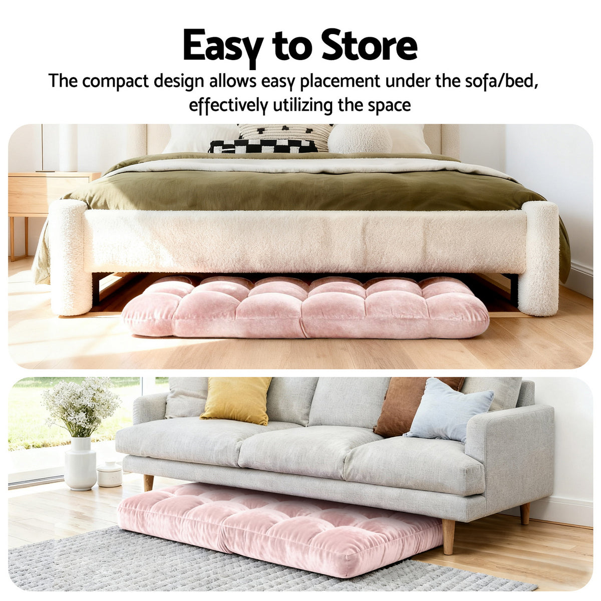 Floor Lounge Sofa Bed Set 2pc | Flannel Fabric | Pink