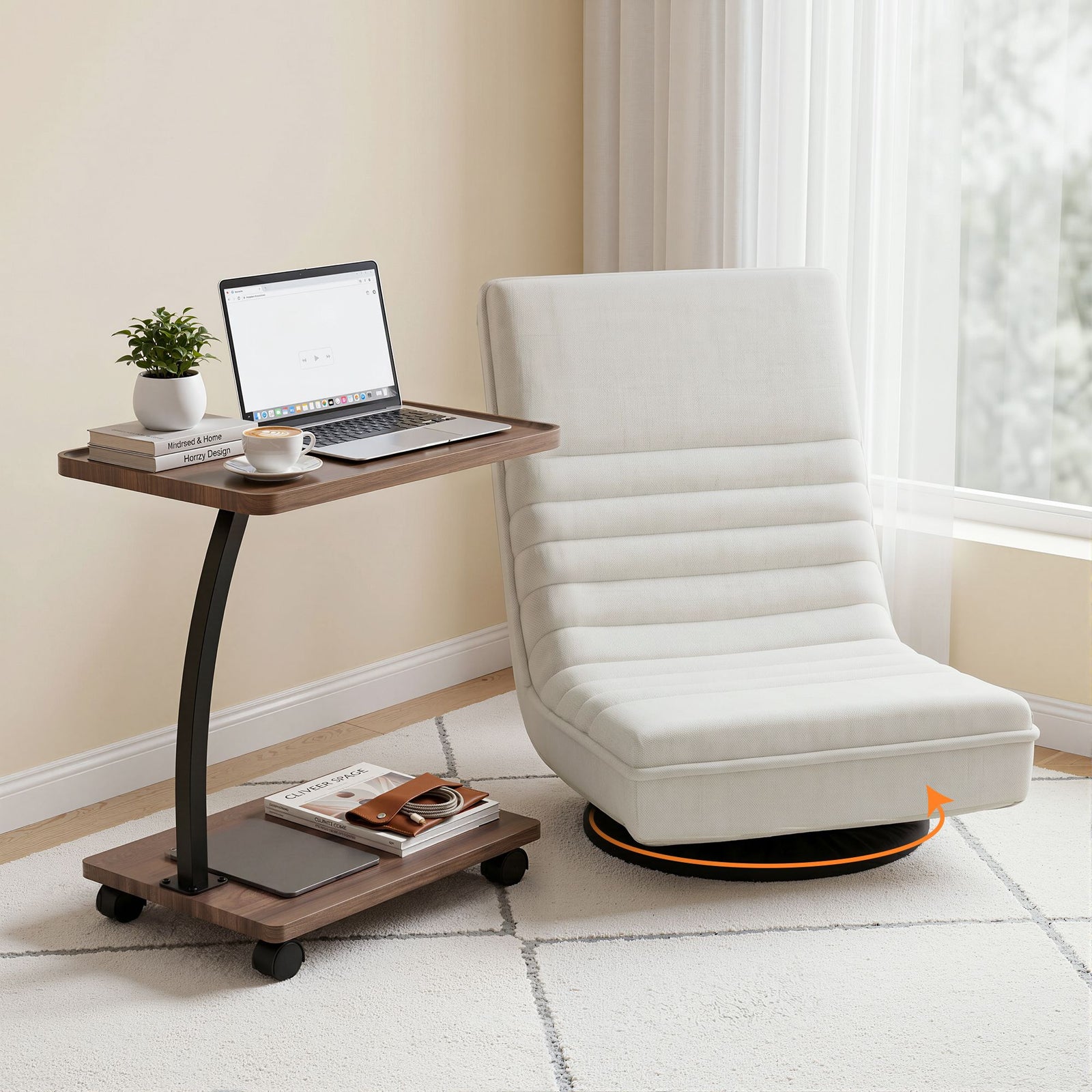 Swivel Floor Lounge Set | Foldable Sofa Chair & Side Table with Castors