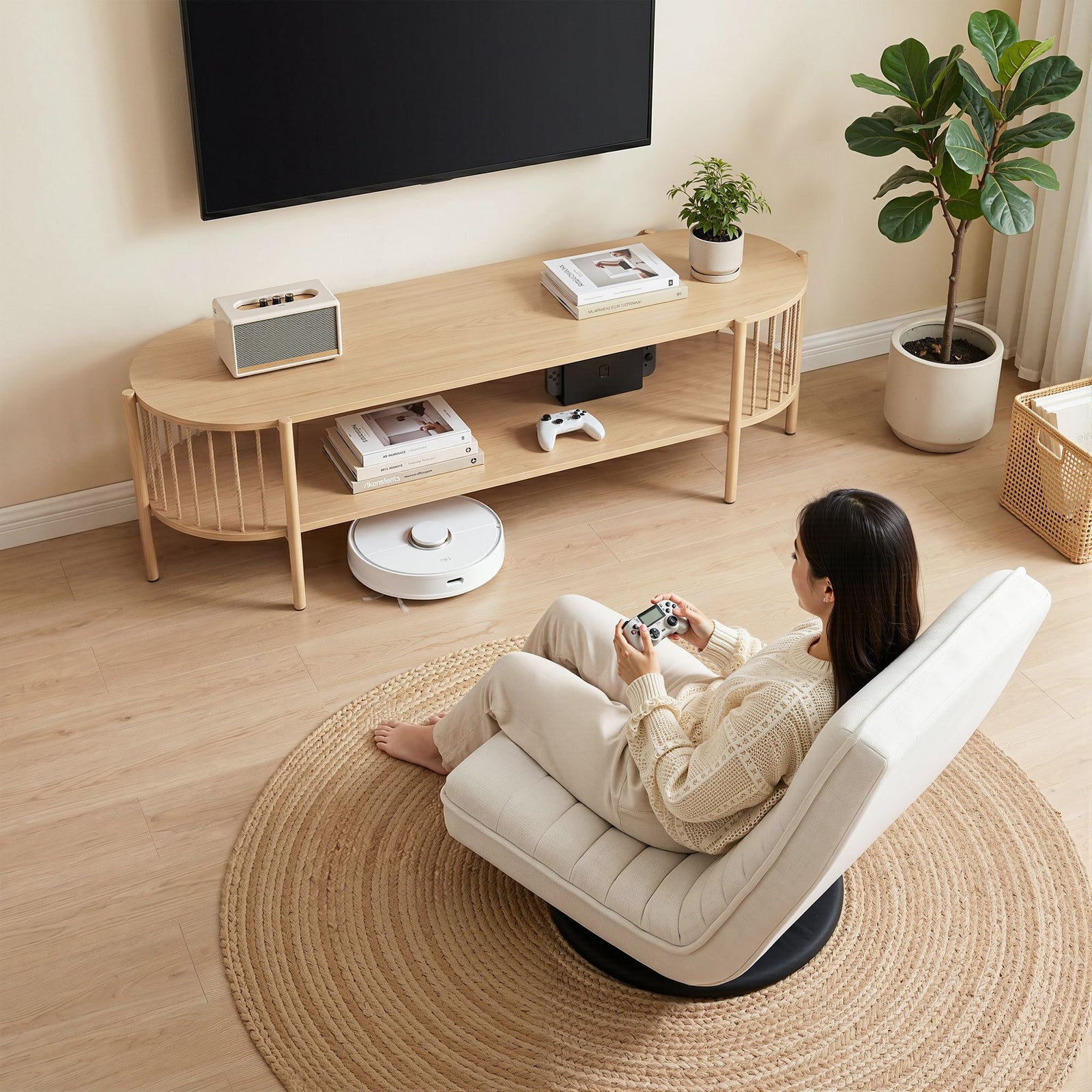 Swivel Floor Chair & TV Unit Set | Entertainment Storage Shelf Bundle