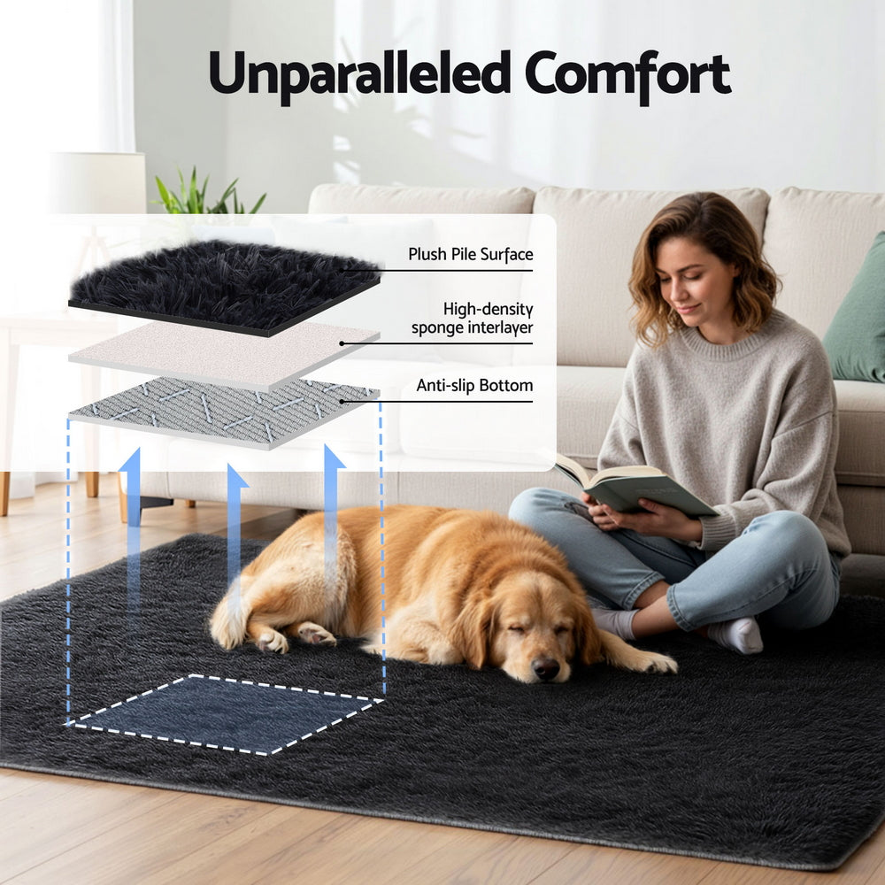 Plush Shaggy Rug | 140x200cm | Living Room Bedroom | Black
