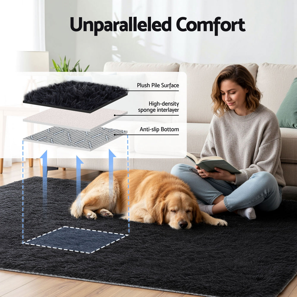 Plush Shaggy Rug | 160x230cm | Living Room Bedroom Carpet | Black