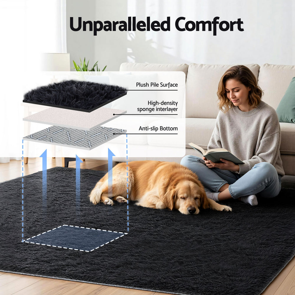 Plush Shag Rug | 200x230cm | Soft Pile Carpet | Black