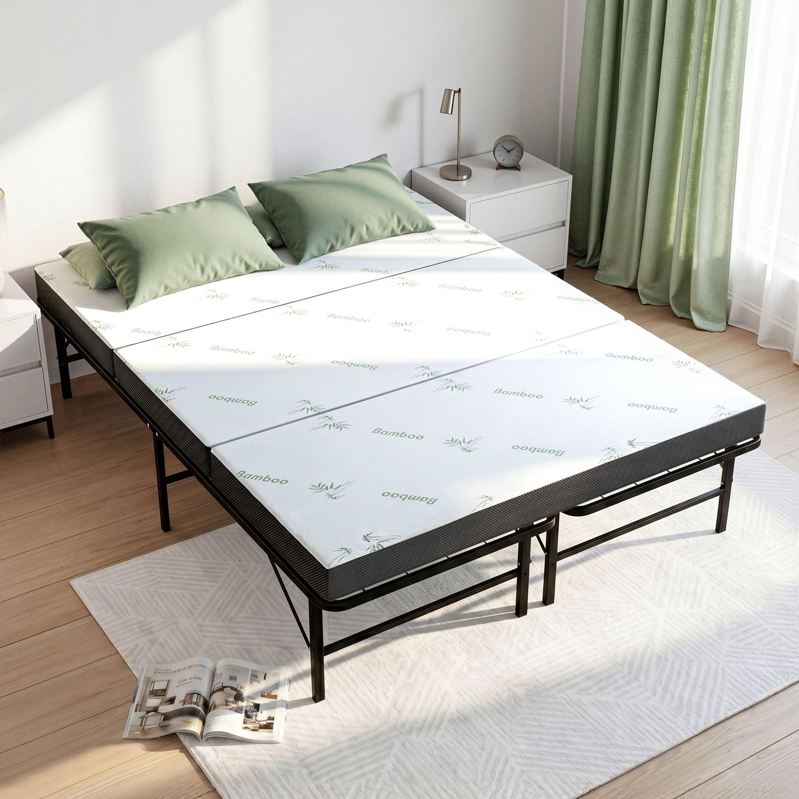 Folding Guest Bed | Double Portable Bed with Mattress & Bamboo Cover