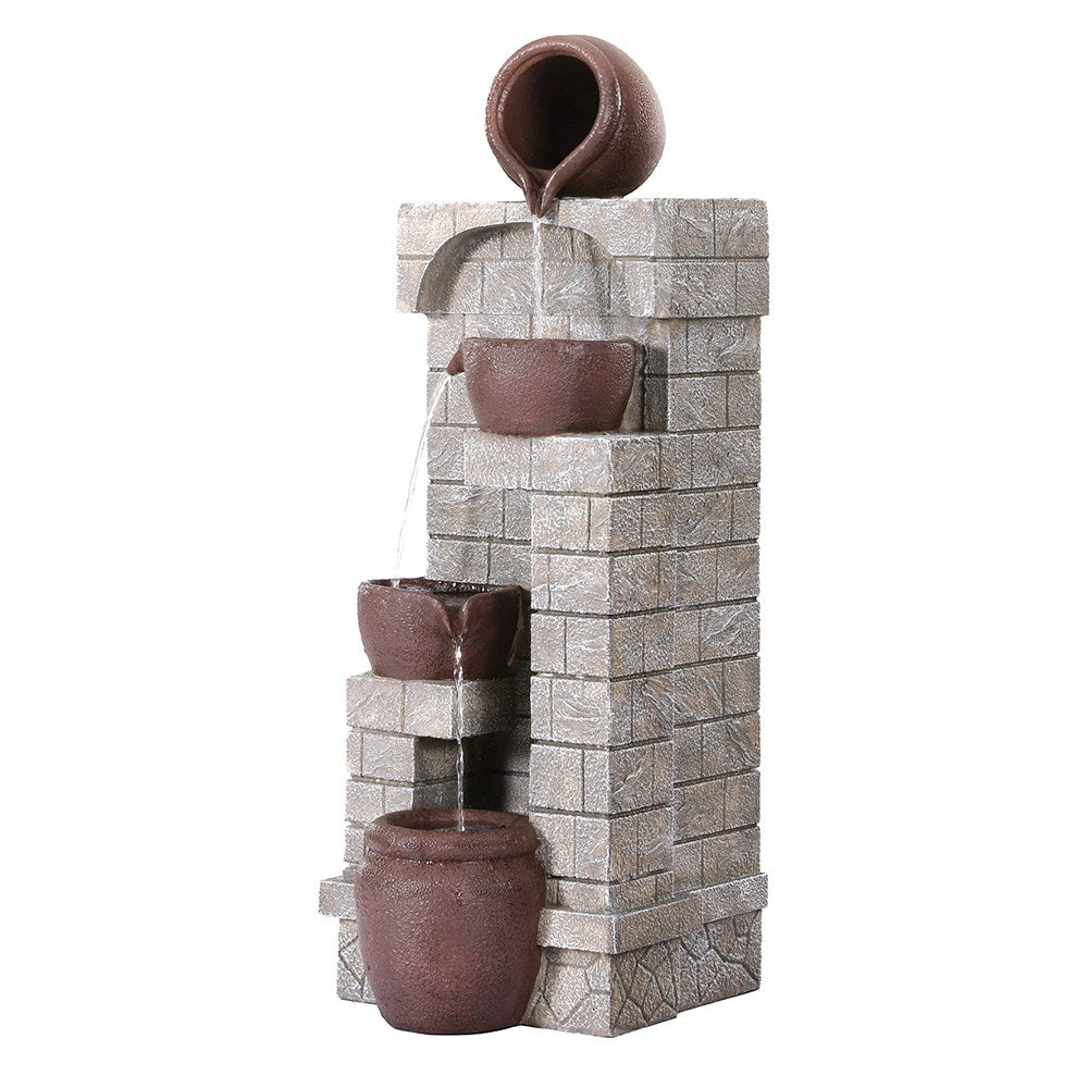 Solar Fountain Water Feature | Pot | Outdoor Indoor | 4-Tier Cascading | Brown