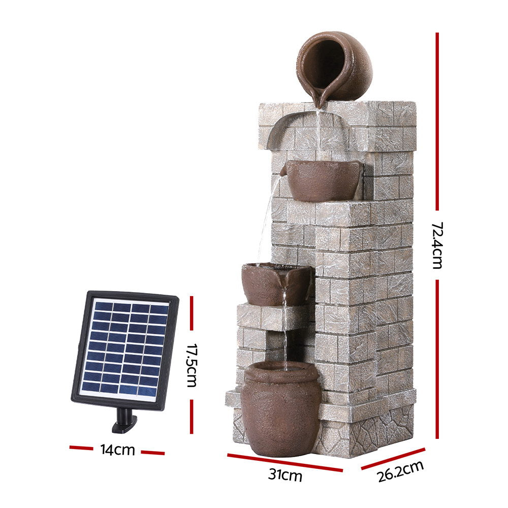 Solar Fountain Water Feature | Pot | Outdoor Indoor | 4-Tier Cascading | Brown