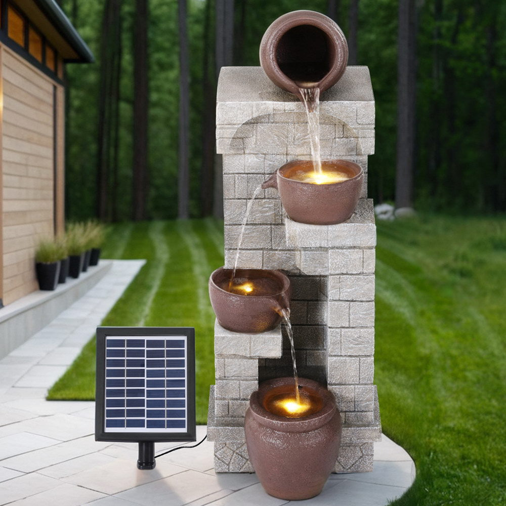 Solar Fountain Water Feature | Pot | Outdoor Indoor | 4-Tier Cascading | Brown