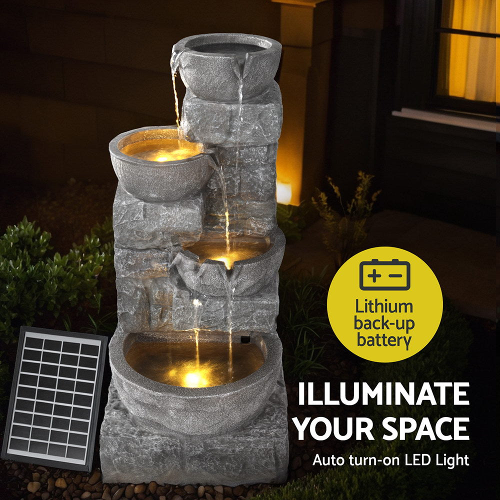 Solar Fountain Water Feature | Outdoor LED Lights | Gray