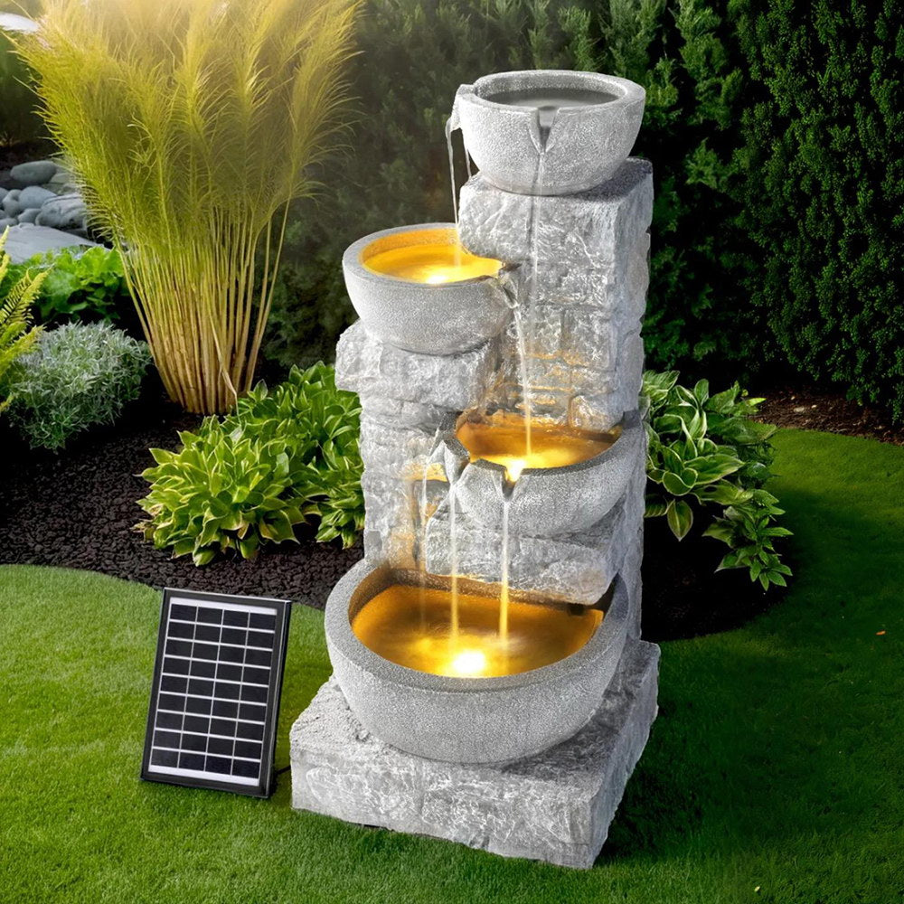 Solar Fountain Water Feature | Outdoor LED Lights | Gray