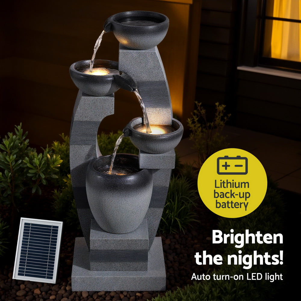 Gardeon Solar Fountain | 3-Tier Bowl Cascading | Indoor Outdoor Feature | Grey