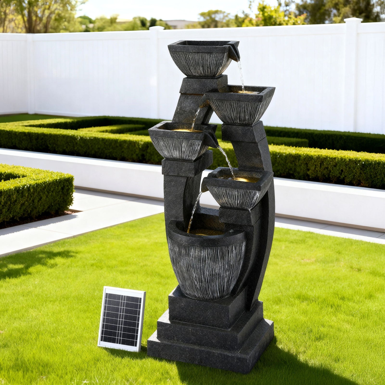 Solar Water Fountain | 5-Tier Bowl Cascade | Indoor/Outdoor | Grey