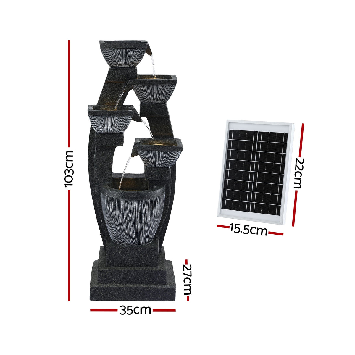 Solar Water Fountain | 5-Tier Bowl Cascade | Indoor/Outdoor | Grey