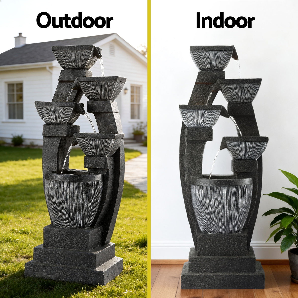 Solar Water Fountain | 5-Tier Bowl Cascade | Indoor/Outdoor | Grey