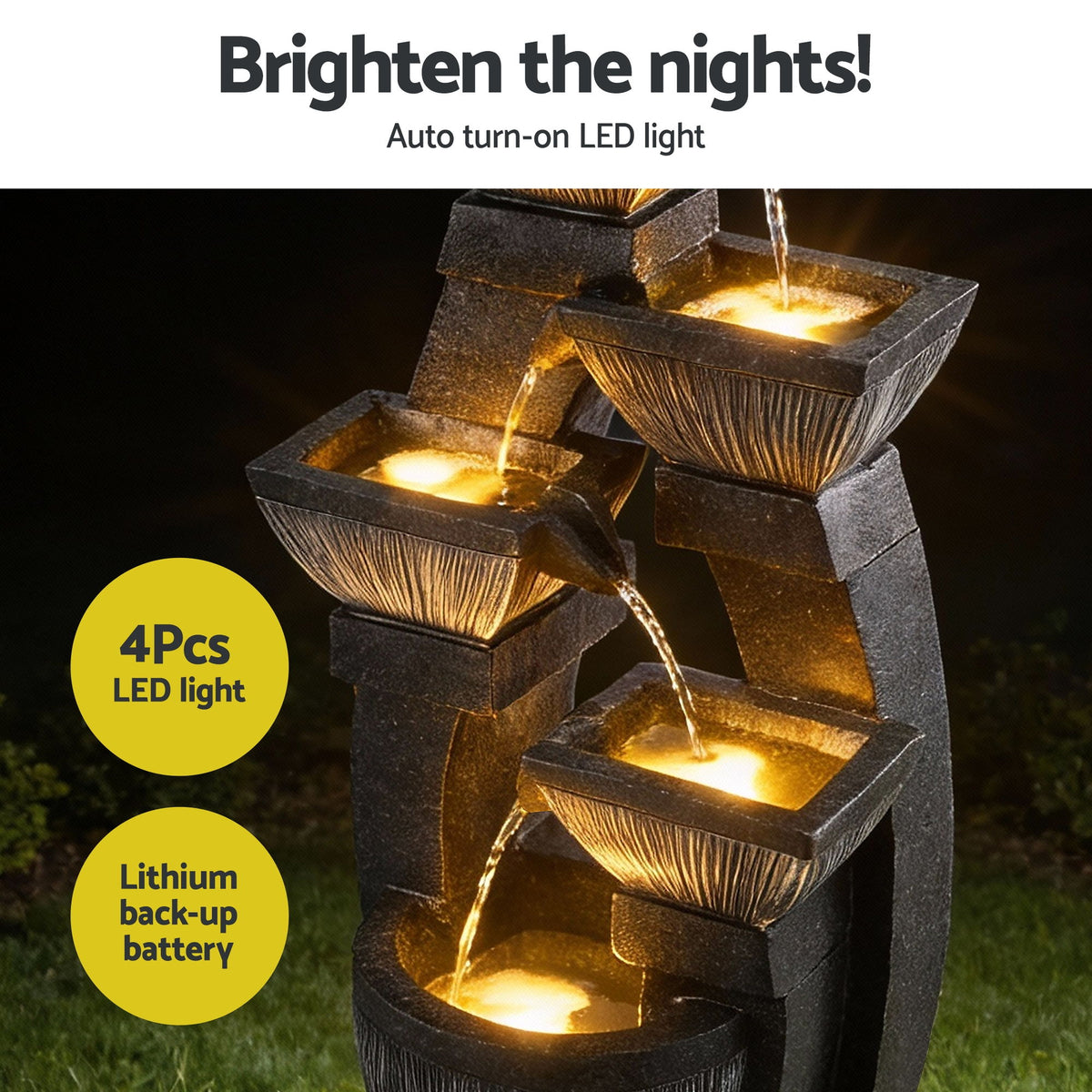 Solar Water Fountain | 5-Tier Bowl Cascade | Indoor/Outdoor | Grey