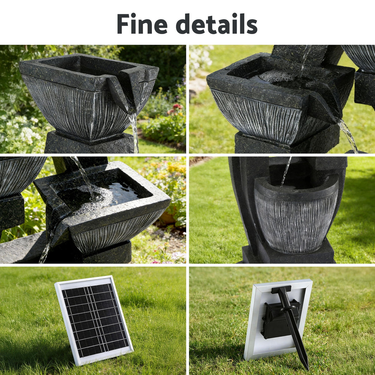 Solar Water Fountain | 5-Tier Bowl Cascade | Indoor/Outdoor | Grey