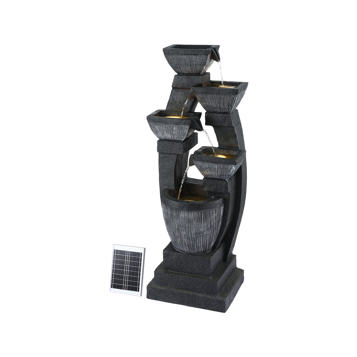 Solar Water Fountain | 5-Tier Bowl Cascade | Indoor/Outdoor | Grey