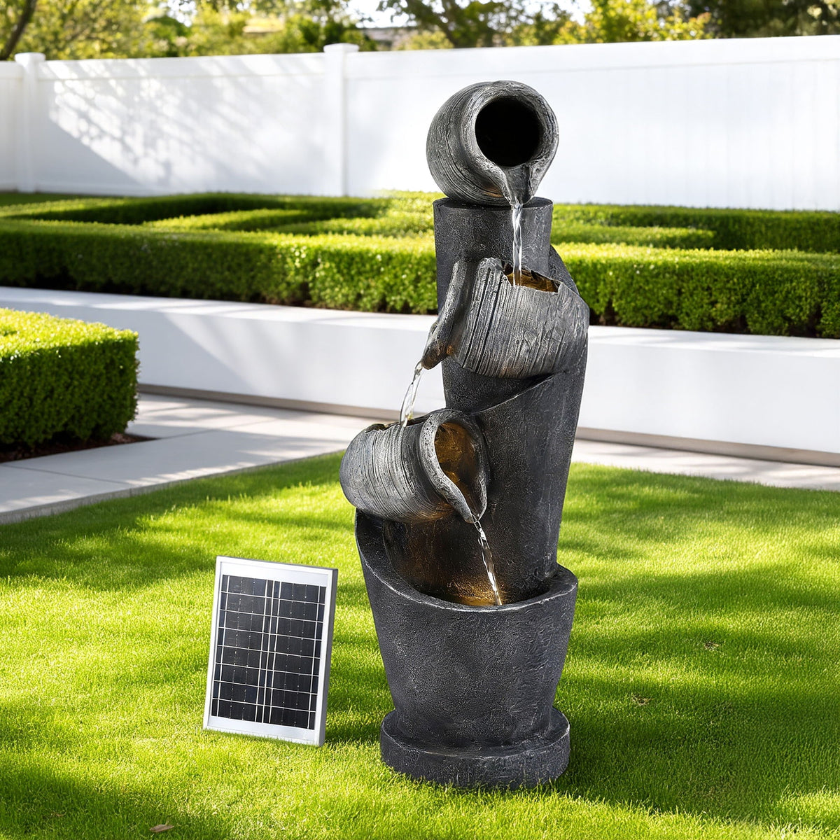 Solar Fountain | 3-Tier Pot Cascade | LED Lights | 80cm | Grey
