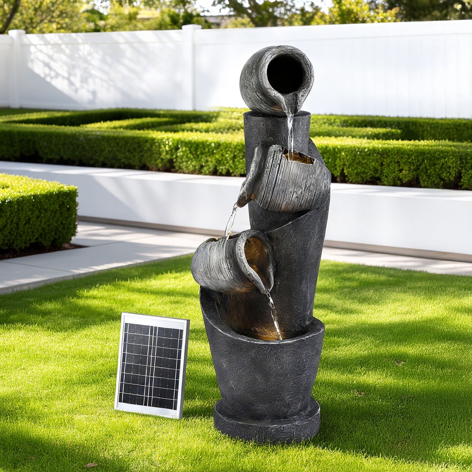 Solar Fountain | 3-Tier Pot Cascade | LED Lights | 80cm | Grey
