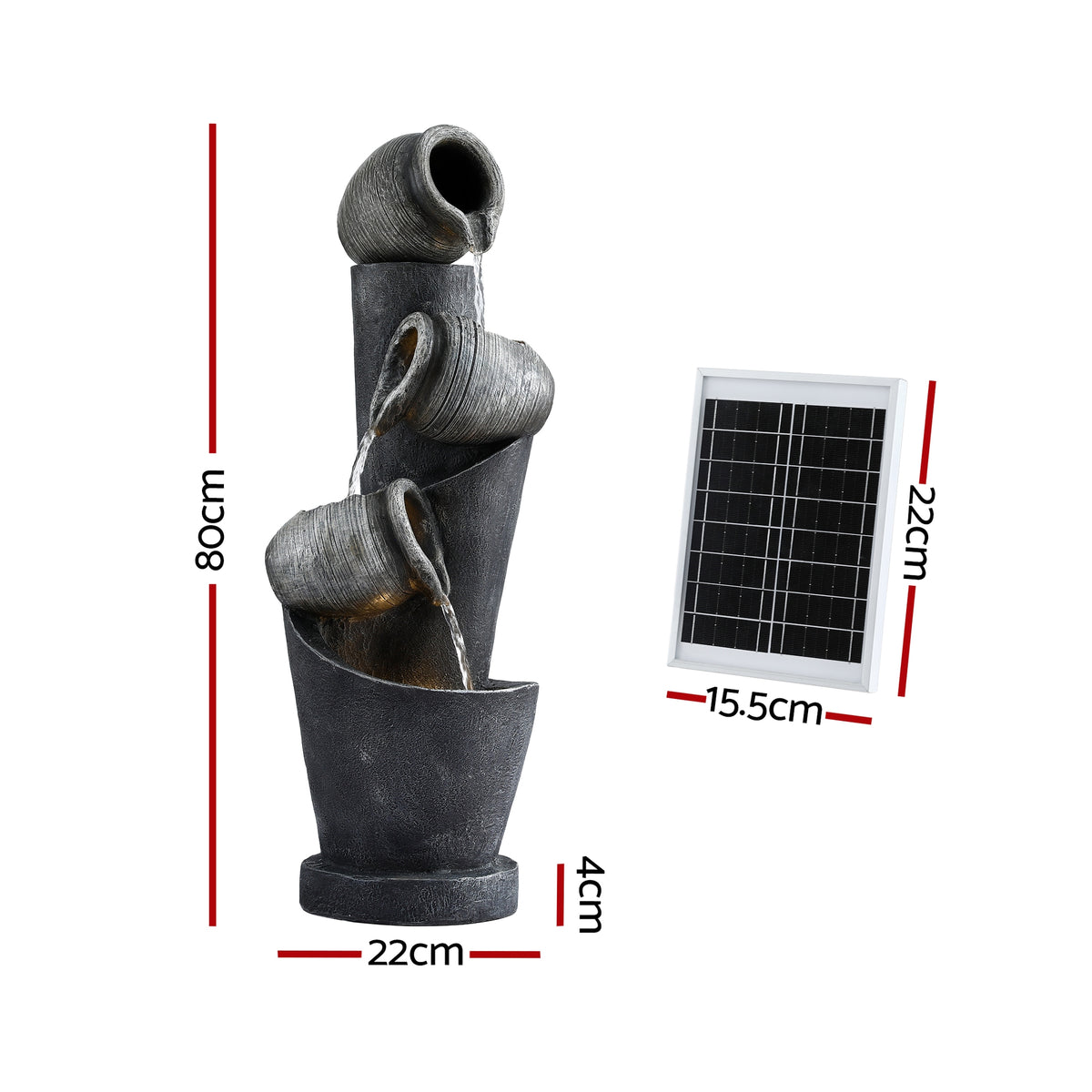 Solar Fountain | 3-Tier Pot Cascade | LED Lights | 80cm | Grey