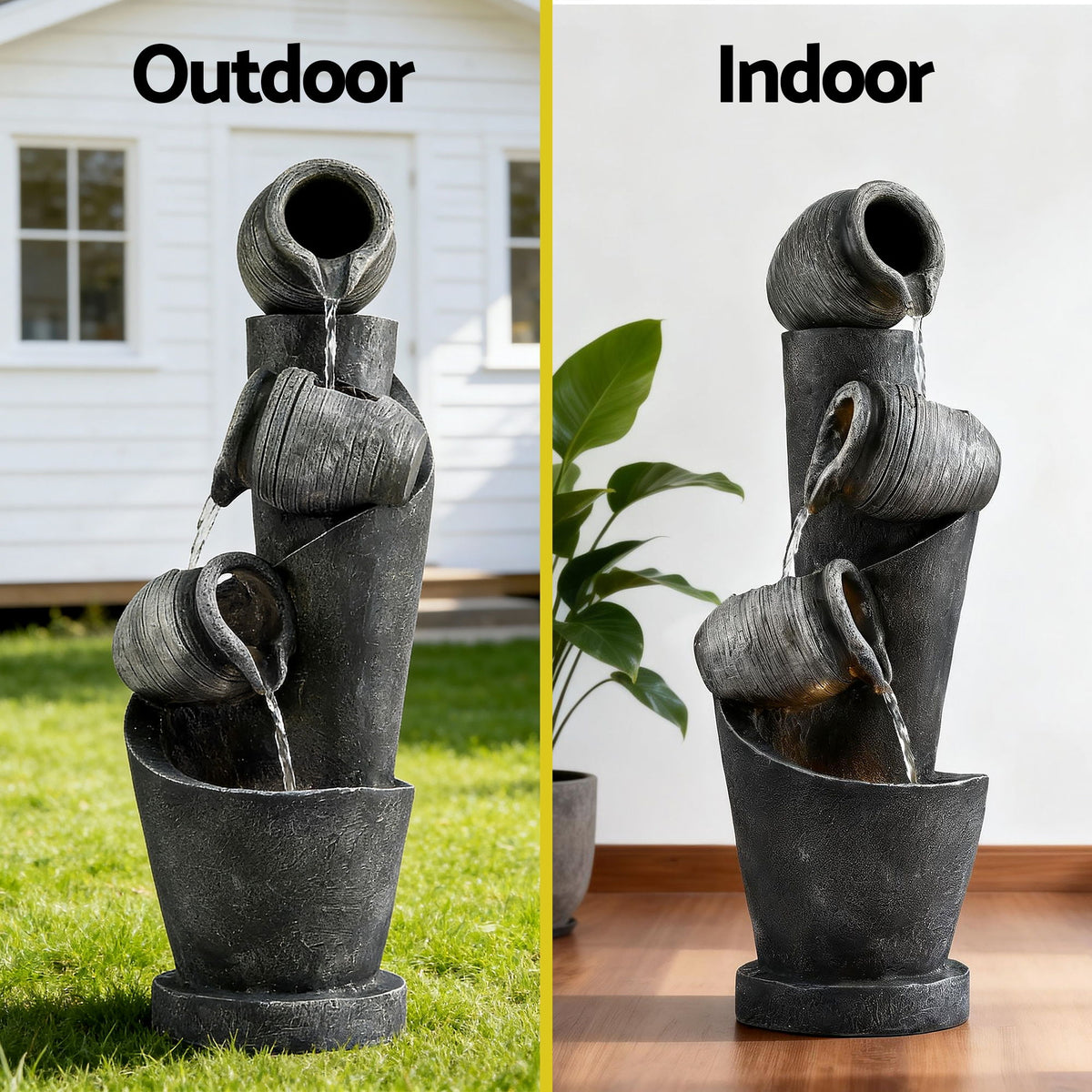 Solar Fountain | 3-Tier Pot Cascade | LED Lights | 80cm | Grey