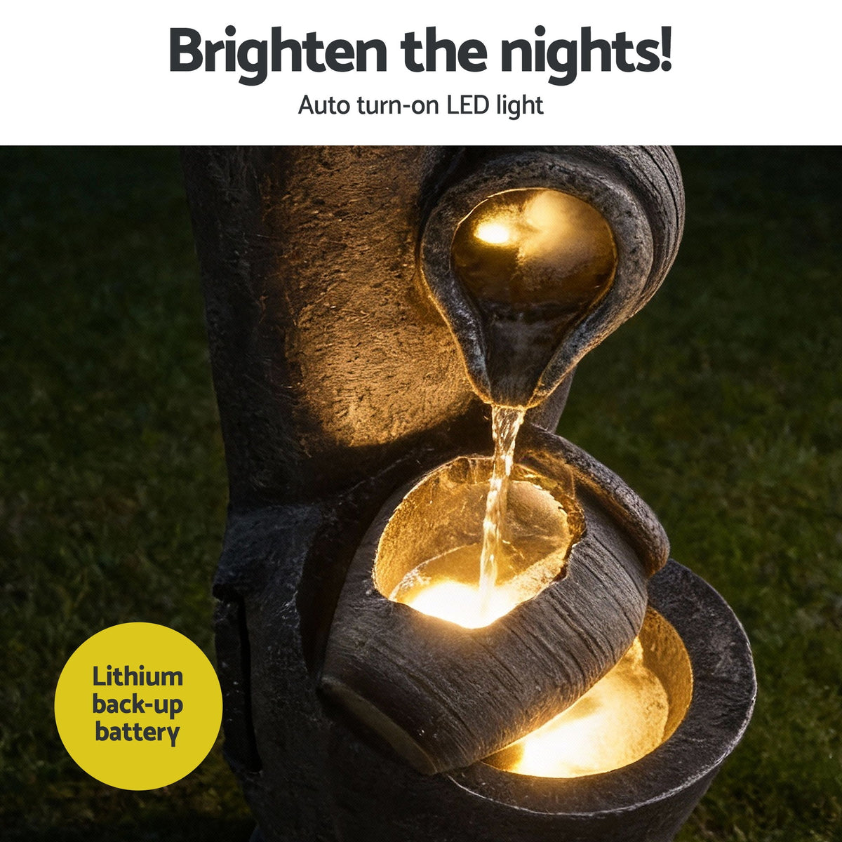 Solar Fountain | 3-Tier Pot Cascade | LED Lights | 80cm | Grey