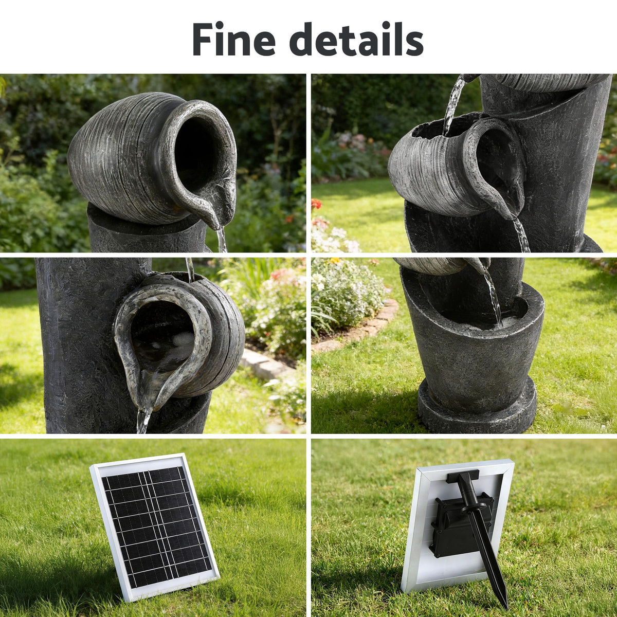 Solar Fountain | 3-Tier Pot Cascade | LED Lights | 80cm | Grey