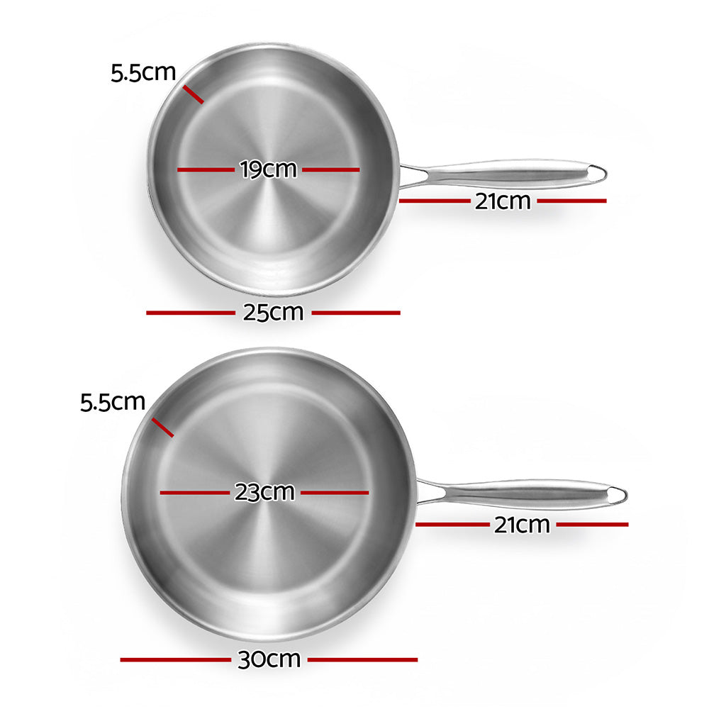 Stainless Steel Frypan Set 2pc | Uncoated | 25cm + 30cm | Silver