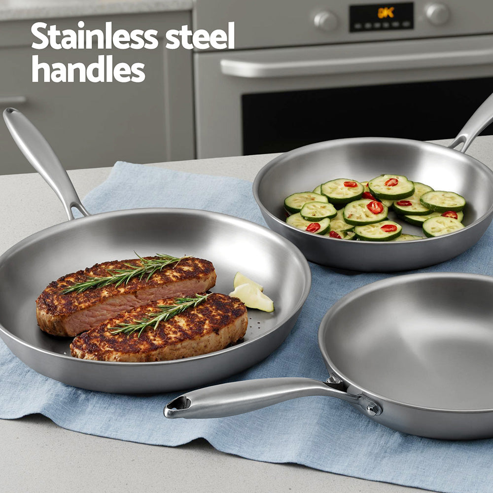 Stainless Steel Frypan Set 2pc | Uncoated | 25cm + 30cm | Silver