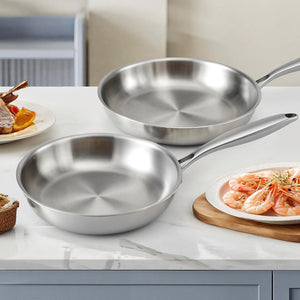 Stainless Steel Frypan Set 2pc | Uncoated | 25cm + 30cm | Silver