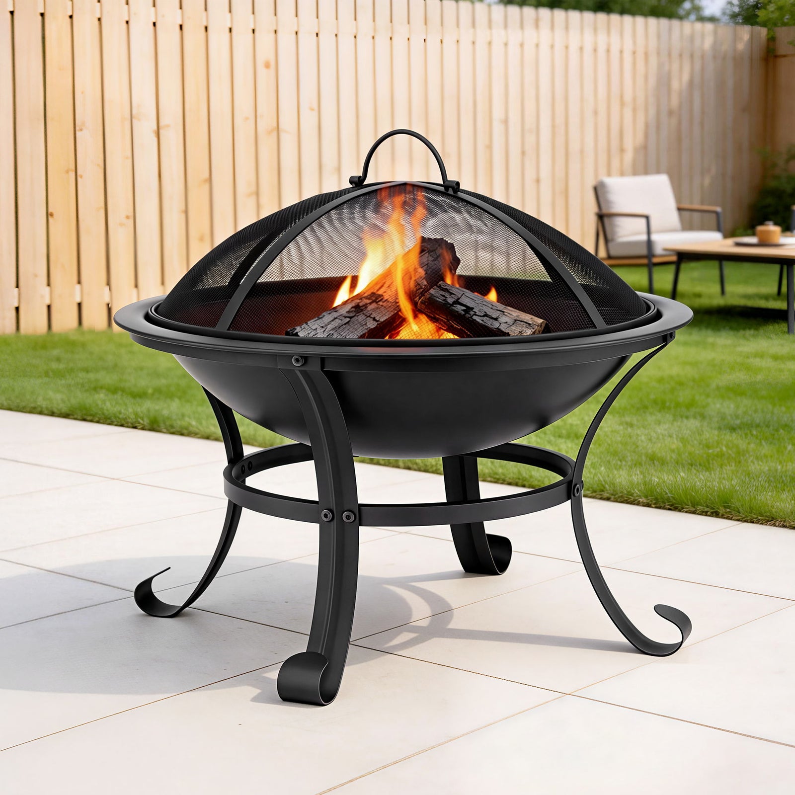 Fire Pit BBQ Grill | Wood Burning Outdoor Fireplace with Mesh Lid