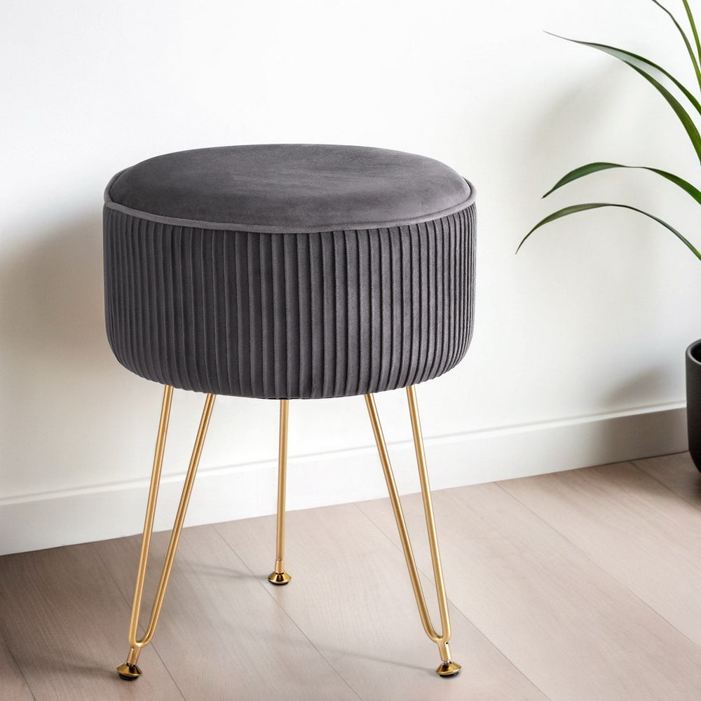 Ottoman Foot Stool | Vanity | Velvet | Round | Grey