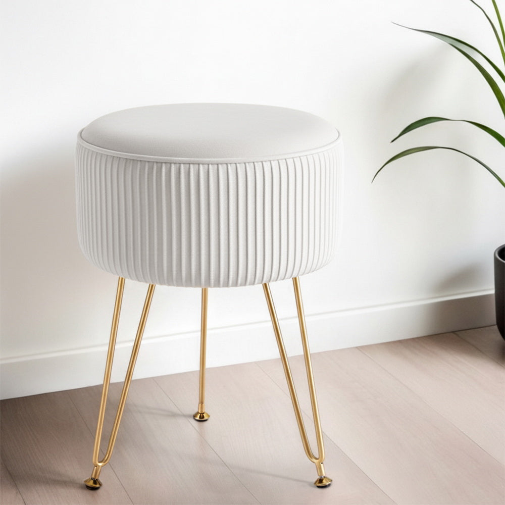Round Velvet Ottoman | Foot Stool Vanity Pouffe | White