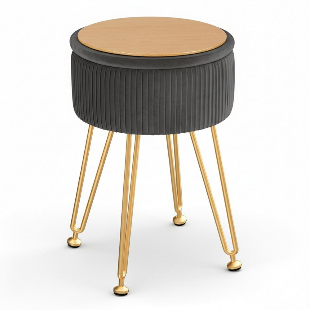 Velvet Storage Ottoman | Round Foot Stool | Grey