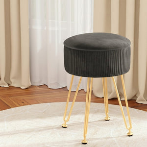Velvet Storage Ottoman | Round Foot Stool | Grey